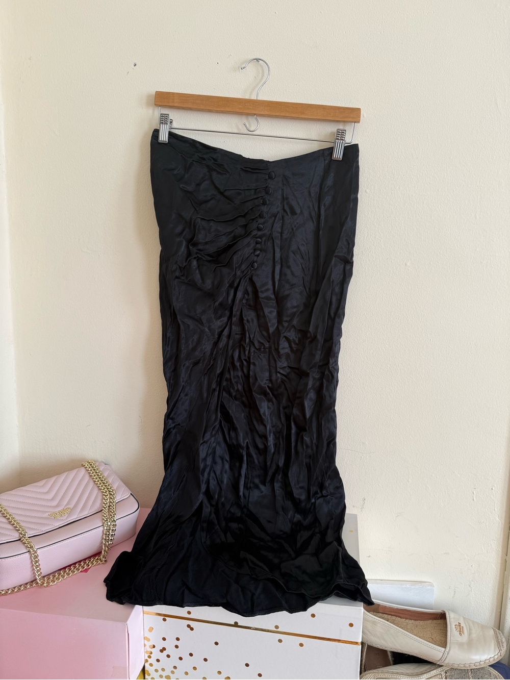 Zara Black Satin Maxi Skirt with Front Buttons